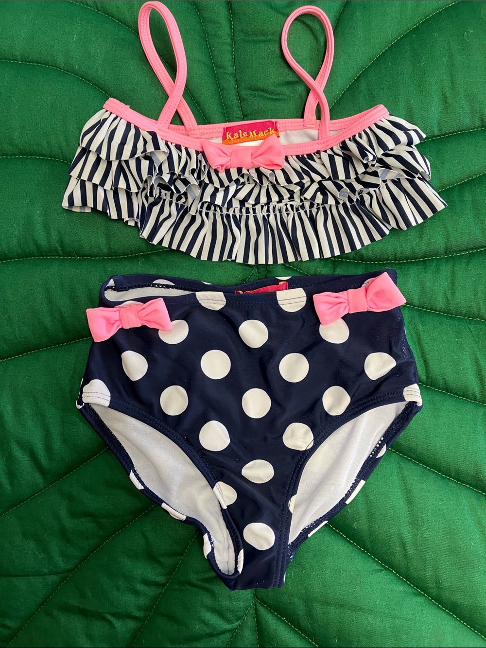 Kate Mack girls two piece high waist bikini. Navy/wht polka dots/ stripes. 2T